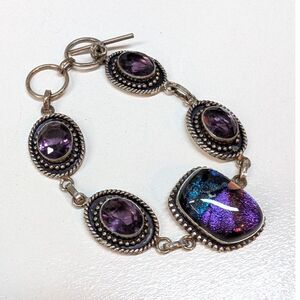 Amethyst and Fused Glass Silver bracelet